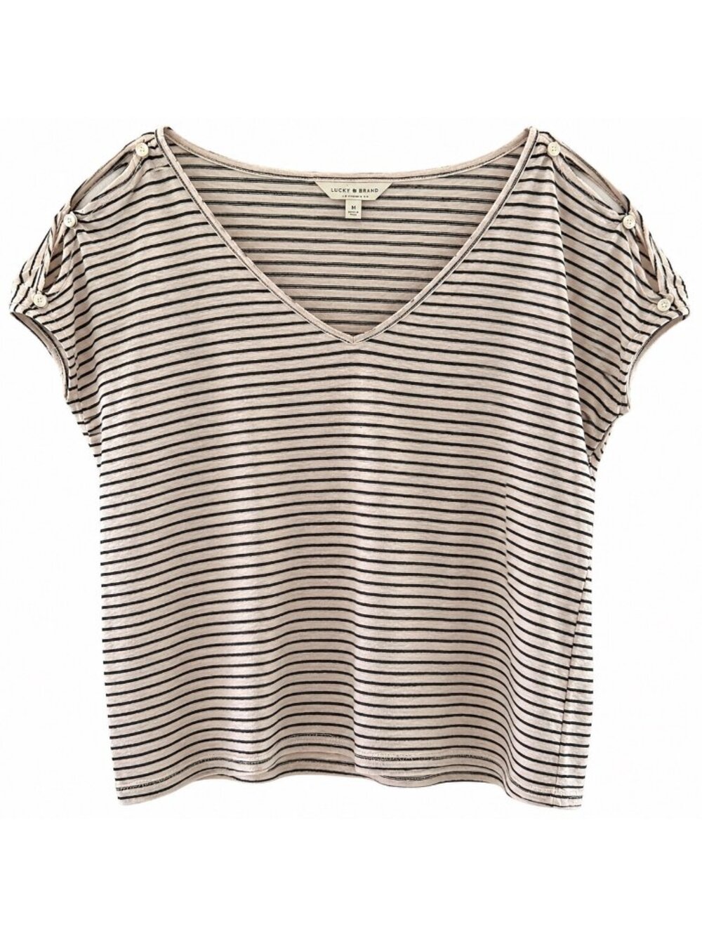 Lucky Brand Striped Linen V-Neck Top With Button Detail Womens Medium